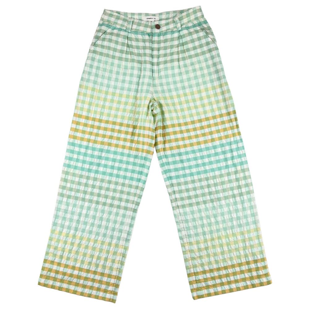 O'Neill Seersucker Wide Leg Pants NWT Womens 28 Green Yellow Gingham Resort